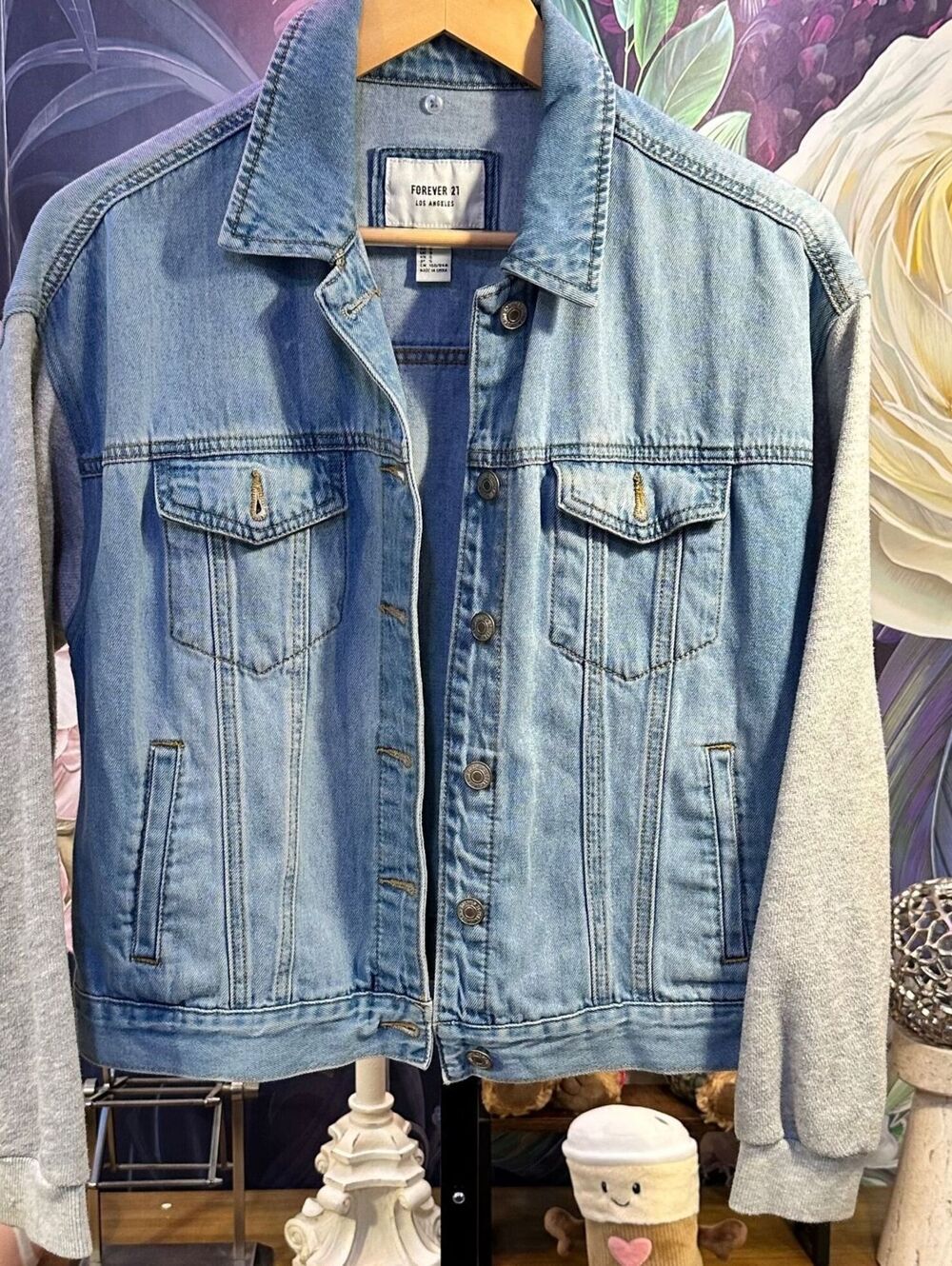 Forever 21 M Cotton Denim Jacket with Grey Knit Sleeves Button Front Casual